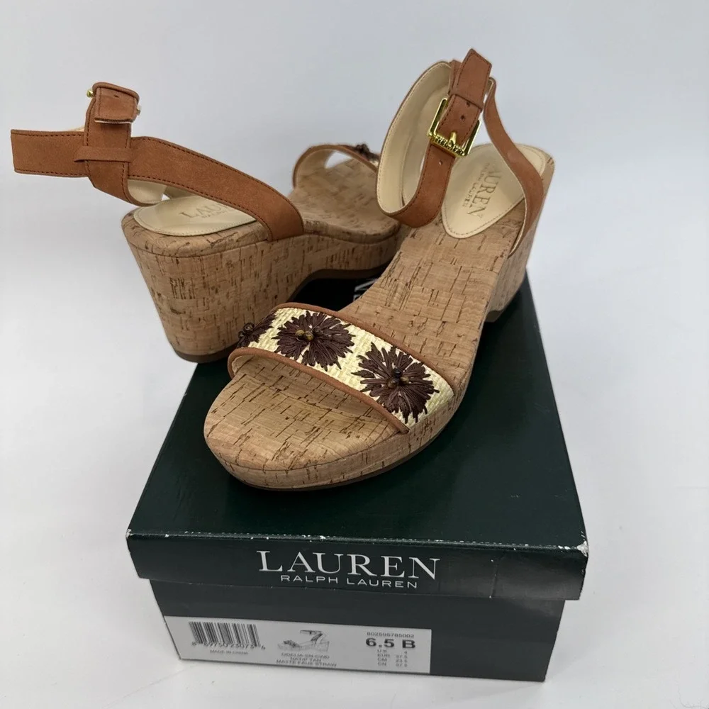 Women's LAUREN Ralph Lauren Odelia Ankle Strap Cork Wedge Sandals Shoes Size 6.5